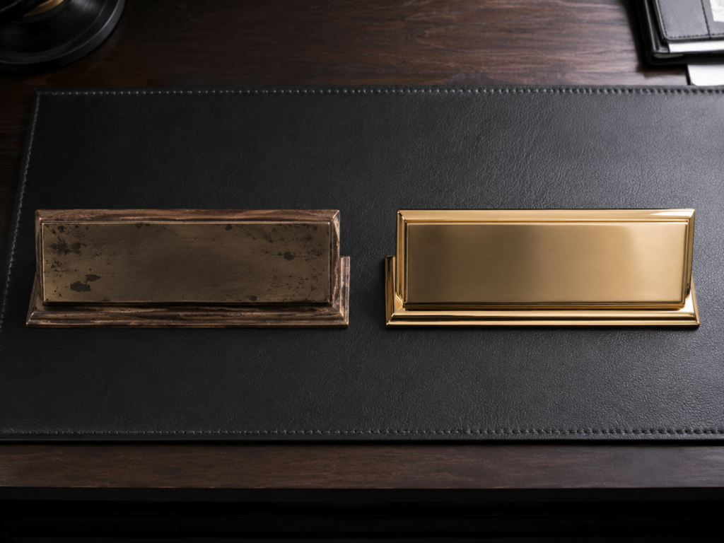 Two desk nameplates representing the gap between doing the work and getting the credit at work