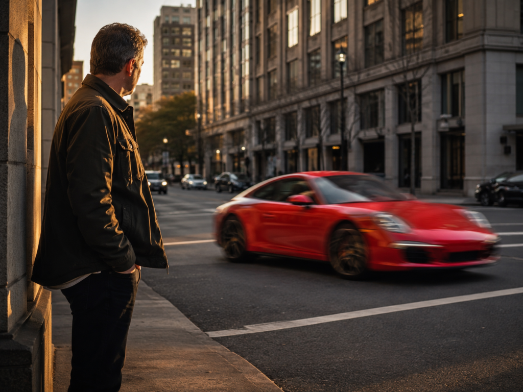 Man watching a Porsche drive past representing awareness luck