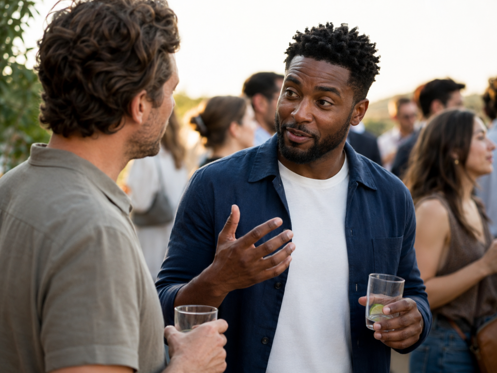 Two men talking at an event representing motion luck and new connections