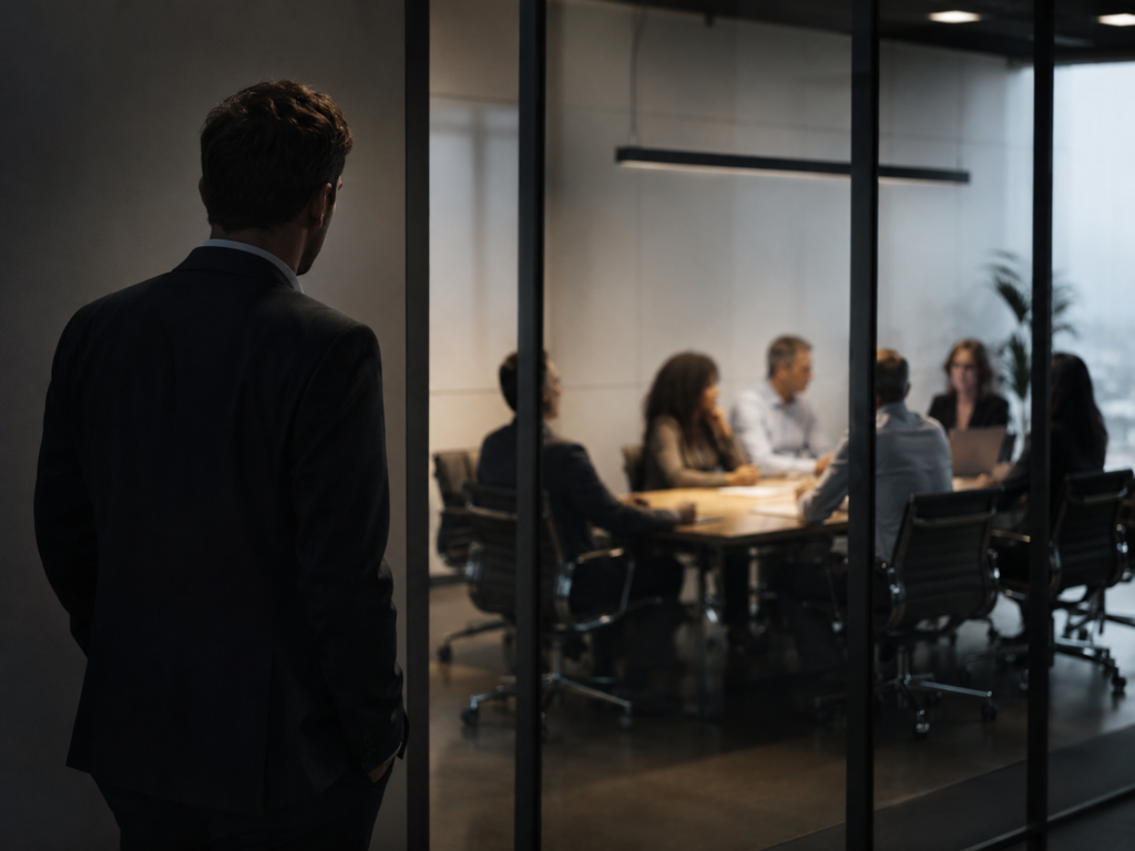 Man standing outside a conference room watching a meeting he isn't part of — illustrating the career cost of chronic agreeableness