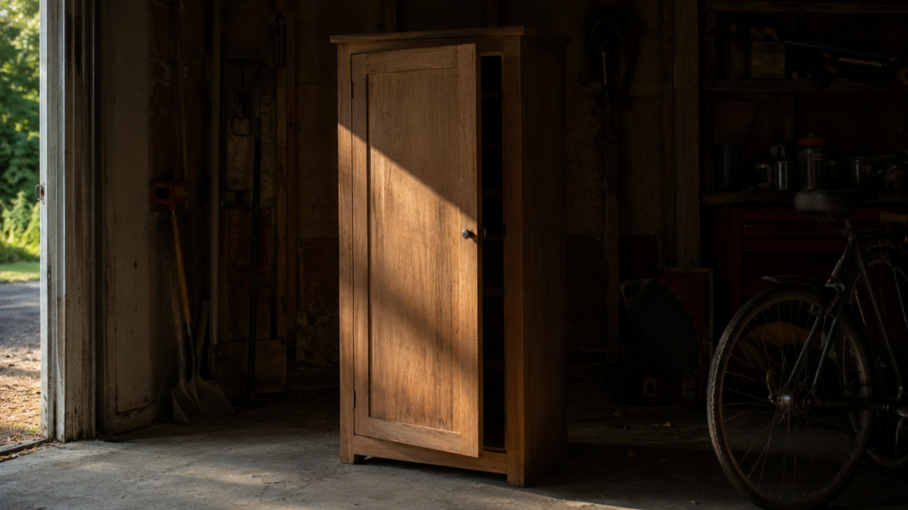 Wooden cabinet in dim garage, the hidden self in a relationship
