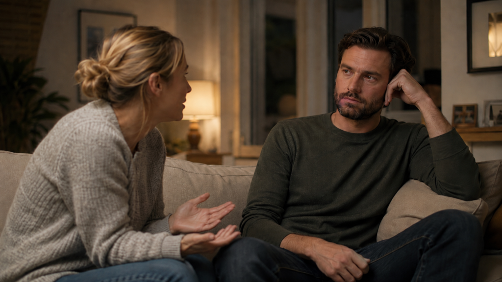 Man with neutral expression listening to wife, people pleasing in a relationship