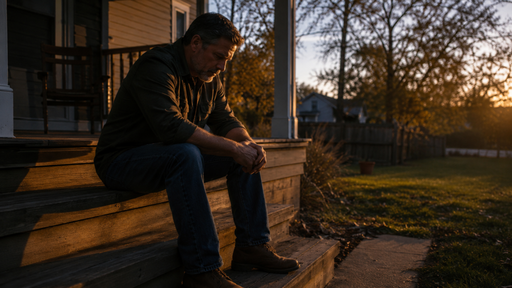 Man sitting alone on porch steps at dusk, nice guy relationship cost