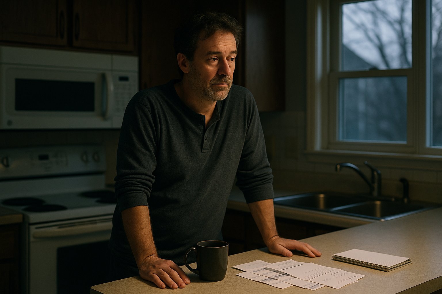 A middle-aged guy standing in a quiet kitchen before sunrise with coffee, bills, and a notebook