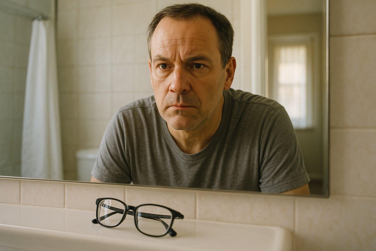 A middle-aged guy looking at himself in a bathroom mirror during a hard midlife moment