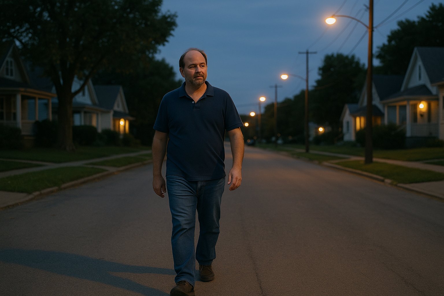 A middle-aged guy walking alone at dusk with space ahead of him