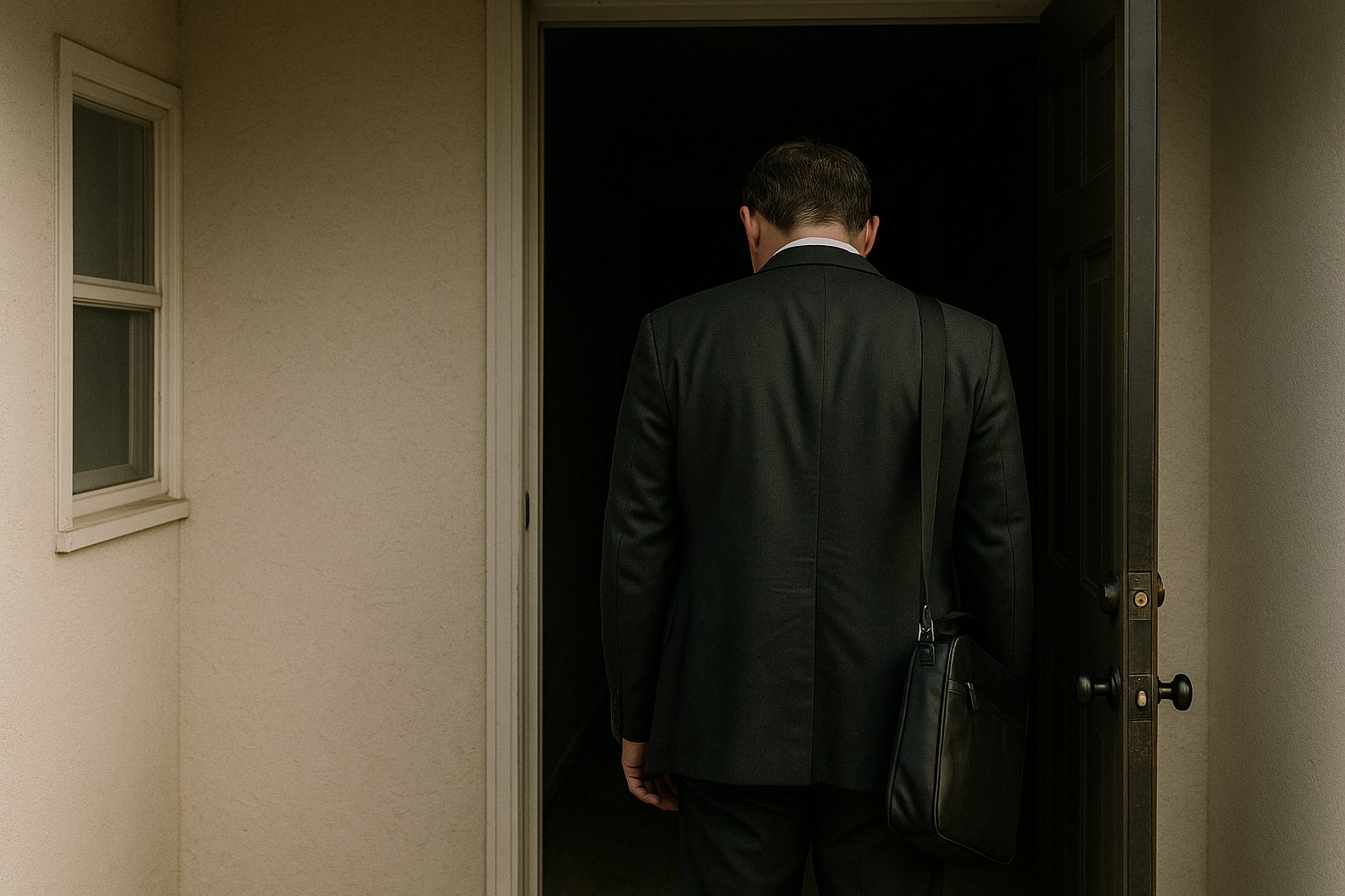 A man losing his identity to people pleasing stands in a doorway