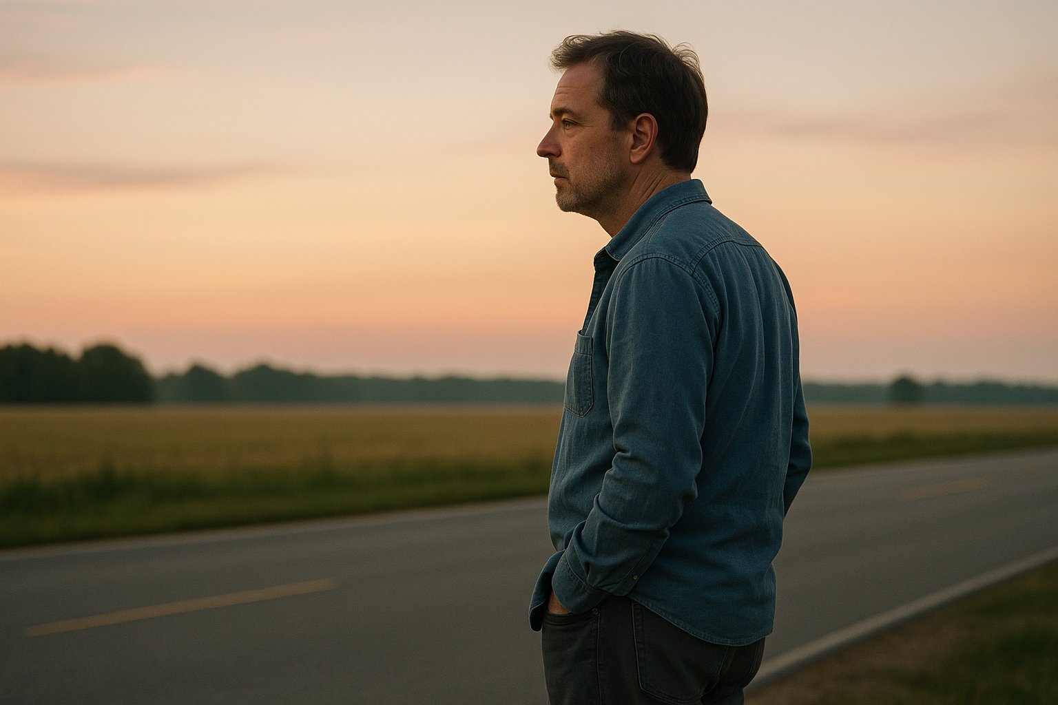 A midlife man beginning to rediscover his identity at dawn