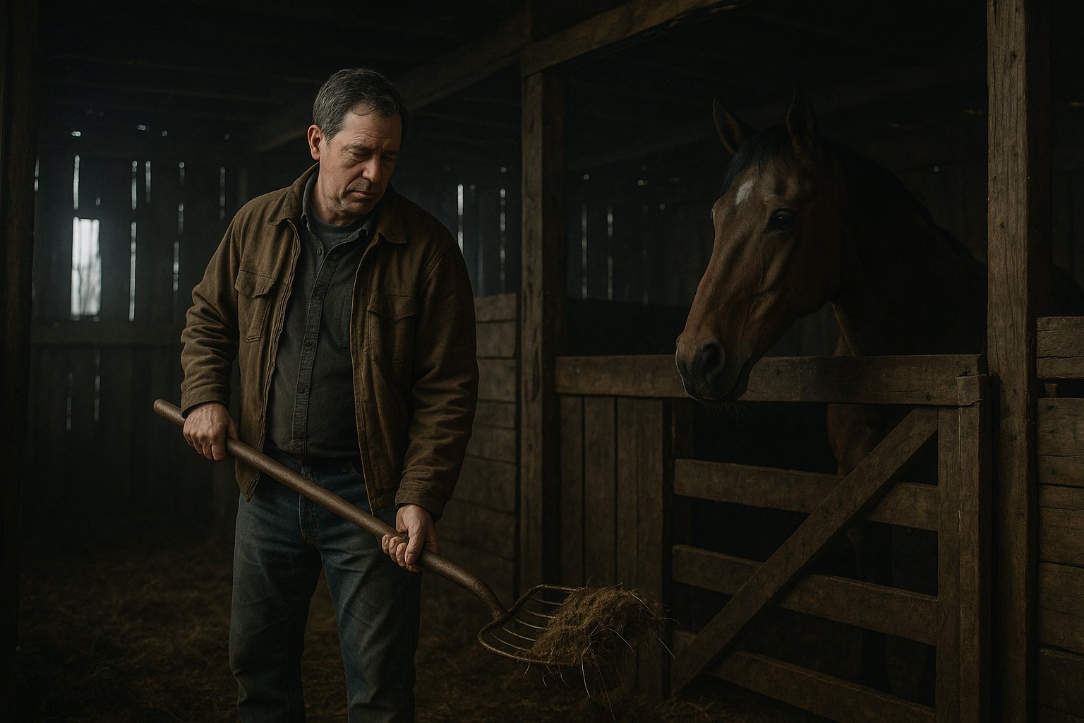 A man alone shoveling out a horse stall at dawn, the cost of never pushing back