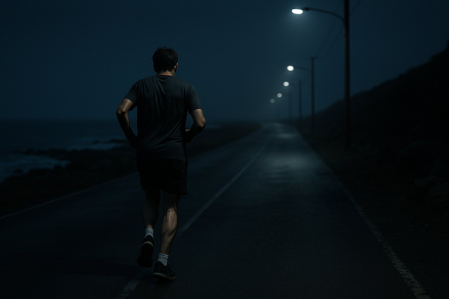 Exhausted runner choosing to continue alone through the night