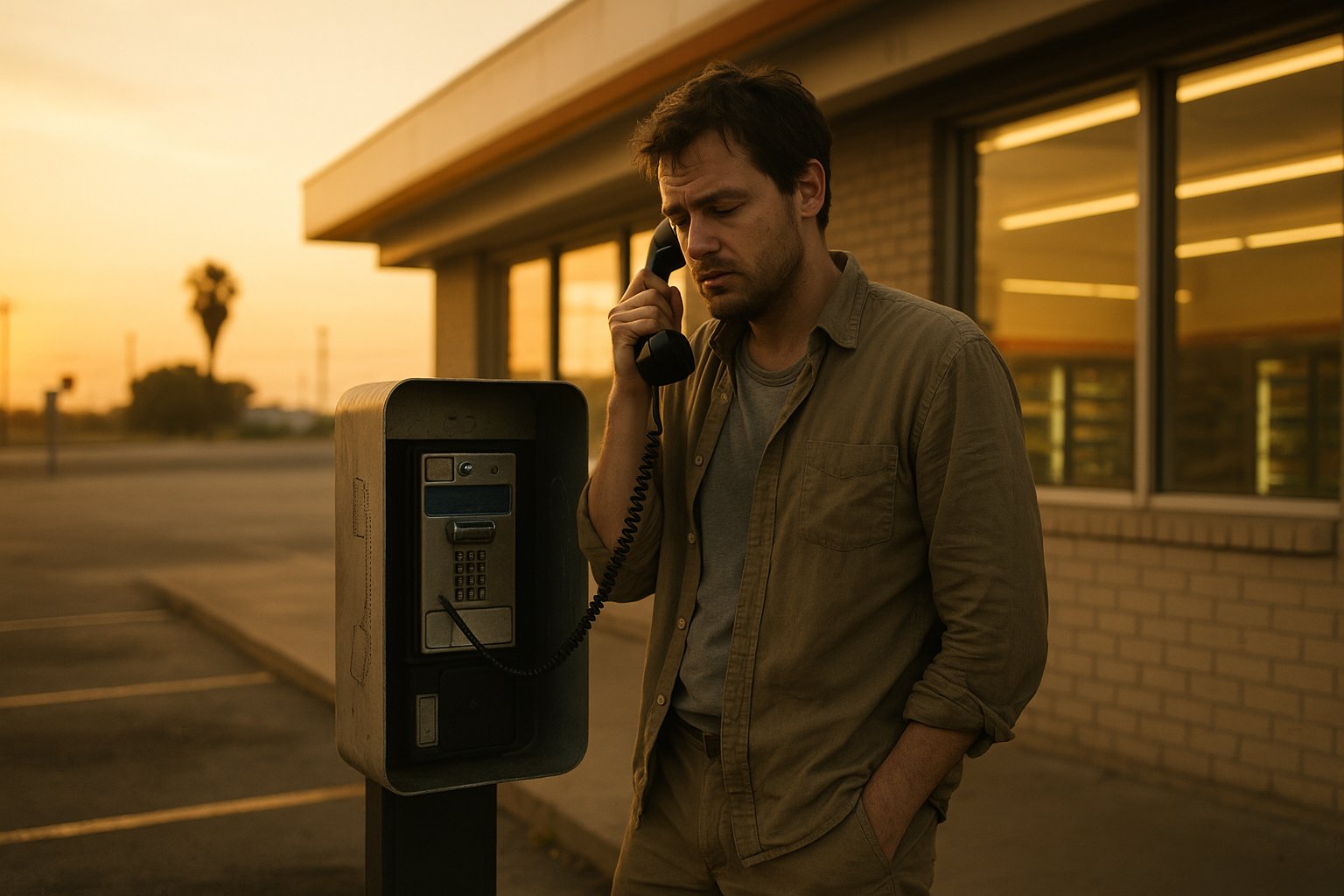 Exhausted runner reaching a payphone after a life-changing night