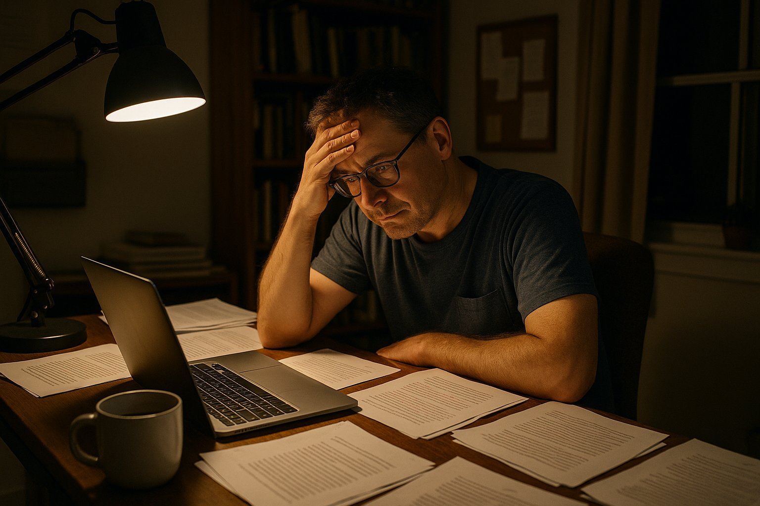 Man rewriting pages as part of meaningful repetitive work