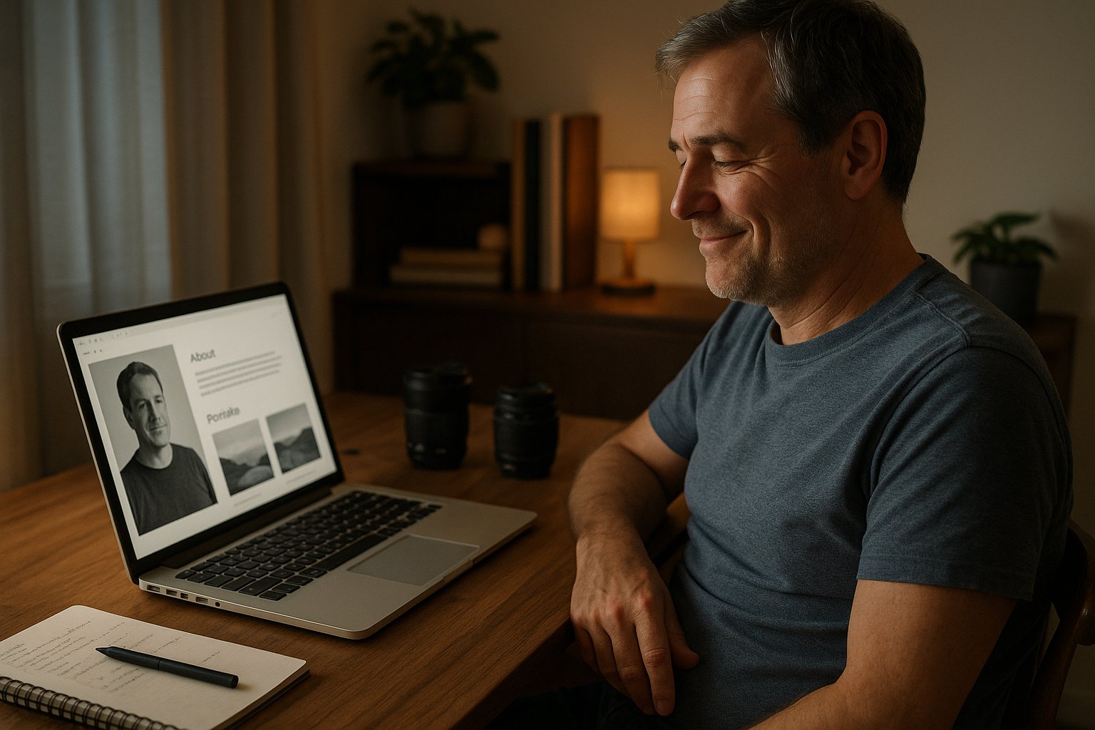 A guy reviewing an updated personal website that reflects his real work
