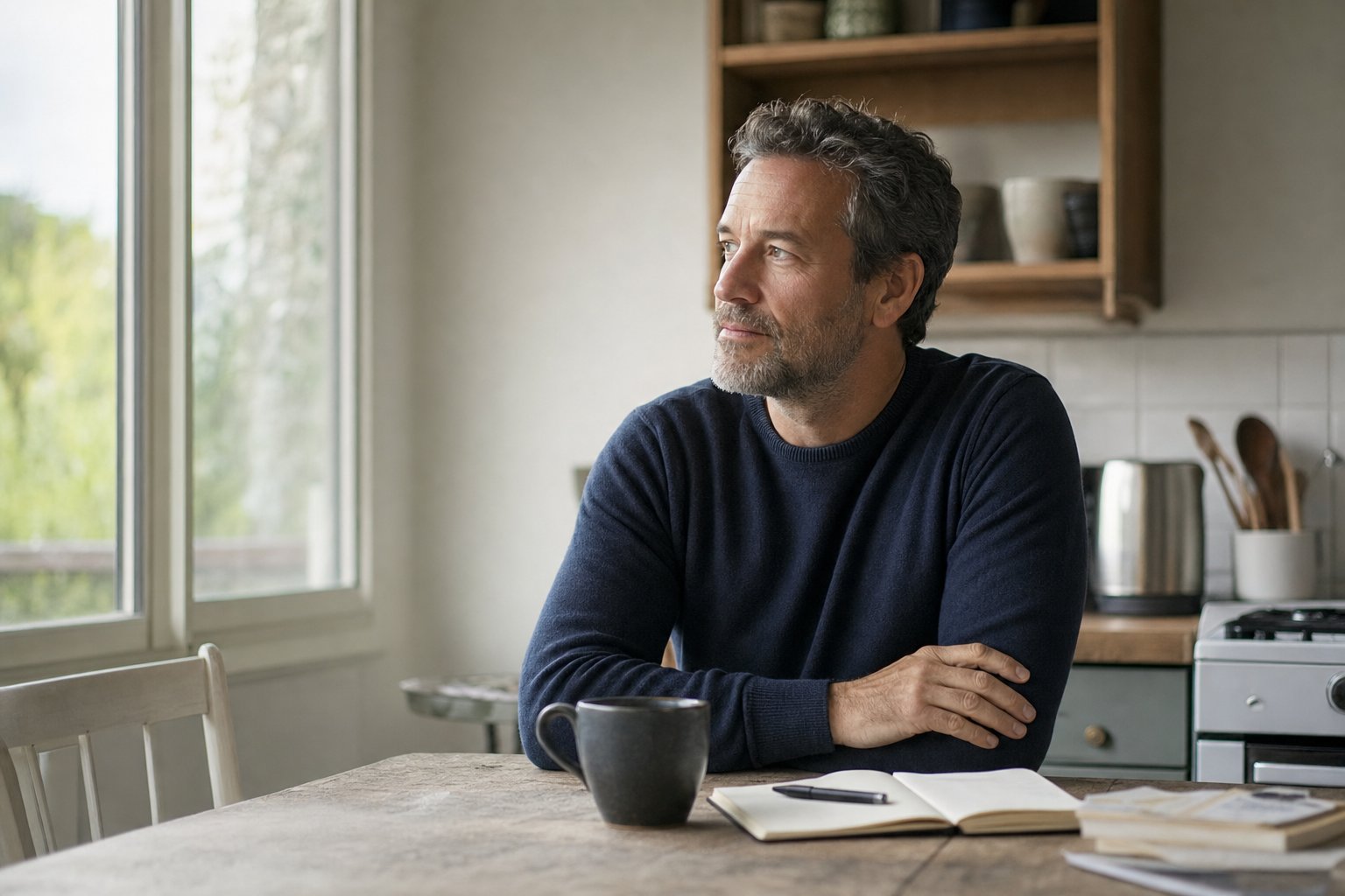 Middle-aged man reflecting over coffee and a notebook on a quiet morning