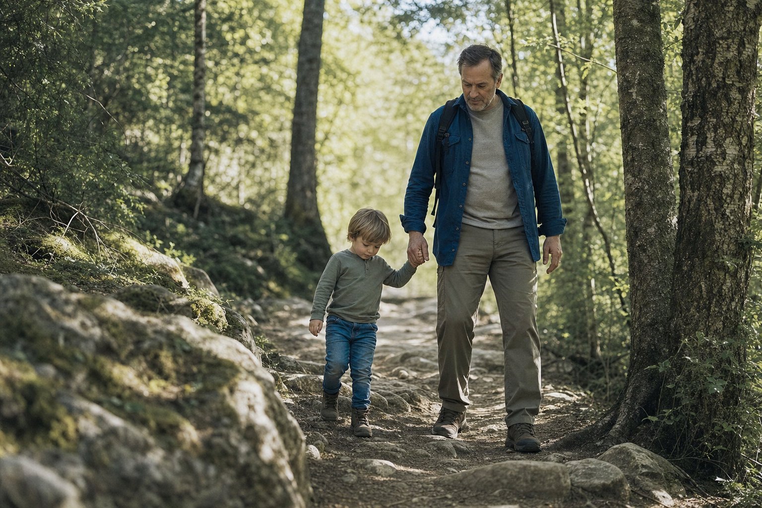 Middle-aged man walking with a grandchild on a mountain trail