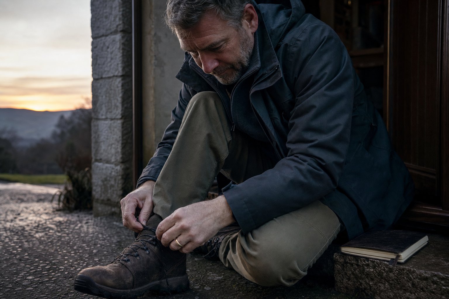 Middle-aged man lacing walking boots before starting his day