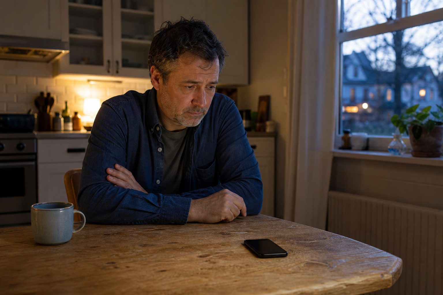 Middle-aged man questioning the story he built around a silent phone