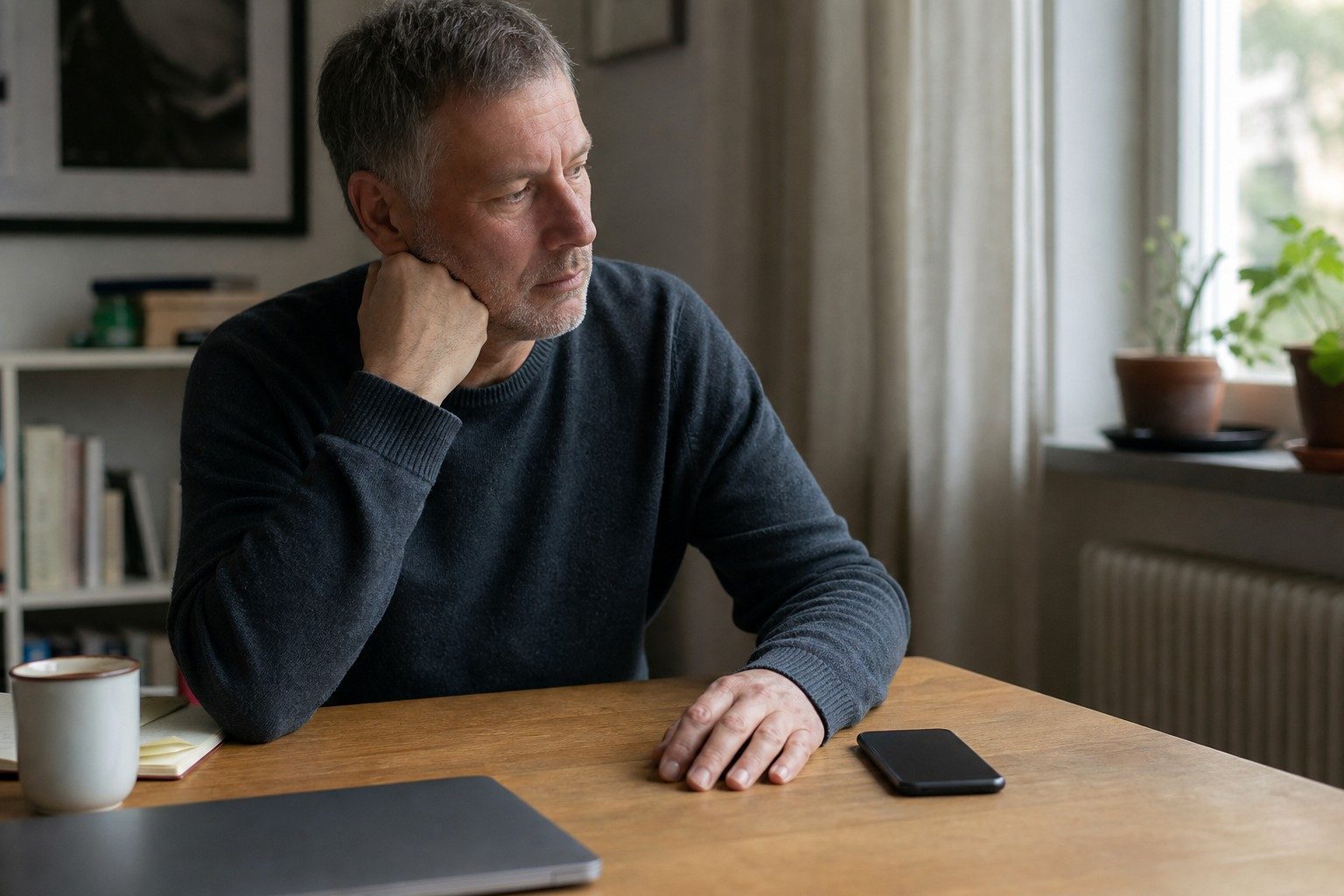 Middle-aged man hesitating beside an unanswered phone