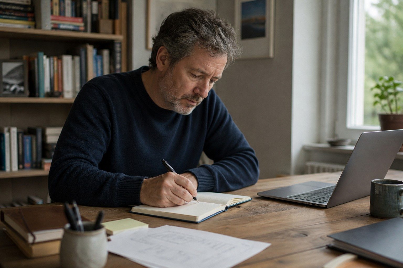 Middle-aged writer developing ideas and practical tools at his desk