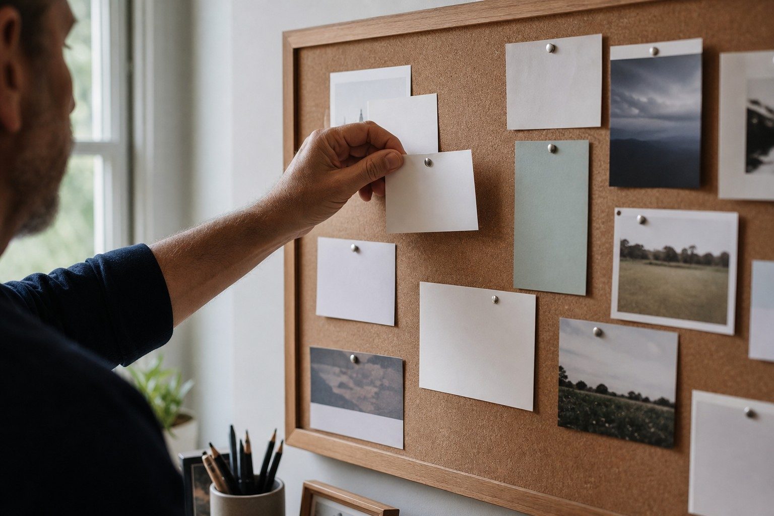 Man removing one plan while keeping the rest of his creative work intact